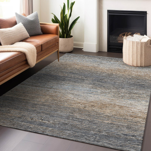 5' X 8' Pewter Striped Washable Indoor Outdoor Area Rug