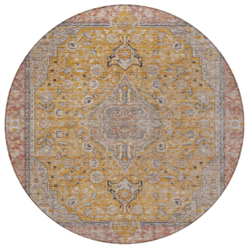8' Gold And Peach Round Medallion Washable Indoor Outdoor Area Rug