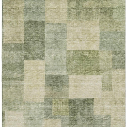 5' X 8' Artichoke Green And Beige Geometric Washable Area Rug With UV Protection