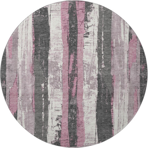 8' Blush And Gray Striped Washable Round Rug With UV Protection