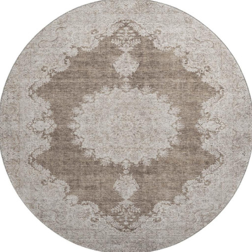 8' Brown Ivory And Beige Oriental Washable Round Rug With UV Protection