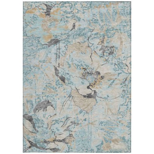 8' X 10' Sky Blue And Blue Floral Washable Indoor Outdoor Area Rug