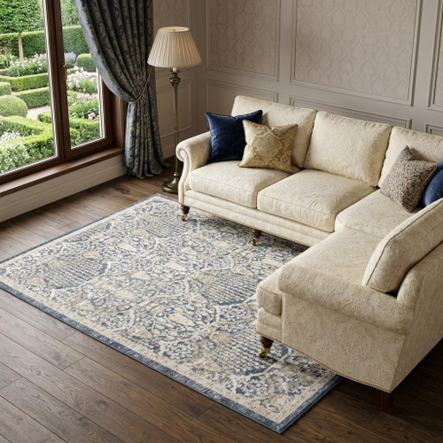 10' X 13' Navy Blue And Gold Oriental Area Rug