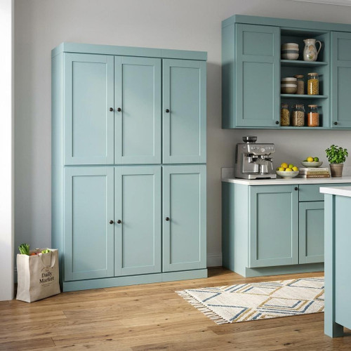 72" Aqua Solid Wood Six Door Two Drawer Pantry Or Storage Closet