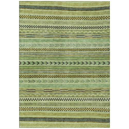 9' X 12' Artichoke Green And Taupe Striped Washable Indoor Outdoor Area Rug