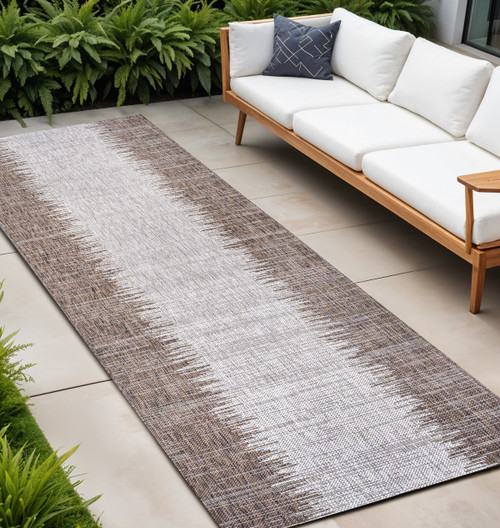 10' Brown And Beige Striped Indoor Outdoor Runner Rug