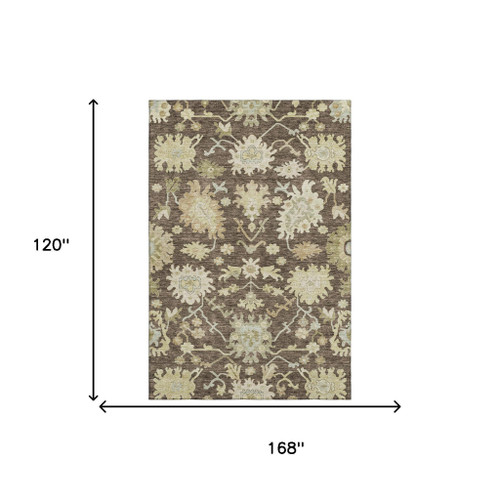 10' X 14' Chocolate Beige And Ivory Floral Medallion Washable Area Rug With UV Protection