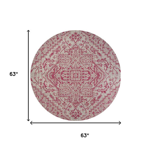 5' Light Gray And Fuchsia Round Medallion Indoor Outdoor Area Rug
