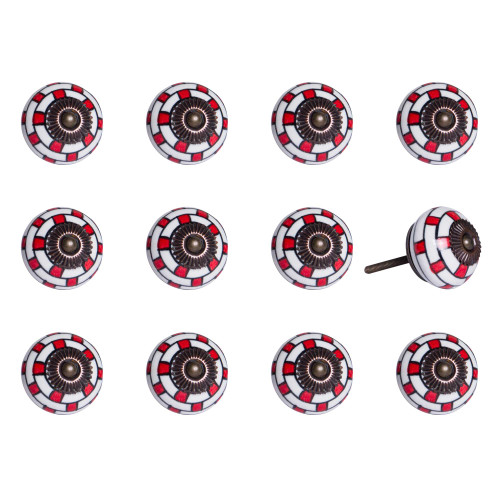 Set of Twelve Red And White Geometric Ceramic Drawer Pull Knobs