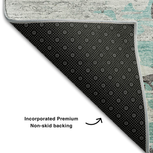 3' X 5' Teal Gray And Ivory Abstract Washable Area Rug With UV Protection