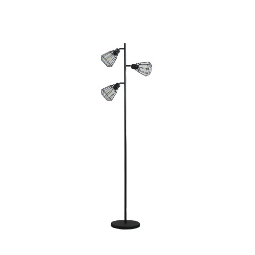 66" Black Metal Three Light Tree Floor Lamp With Black Metal Cage Shade