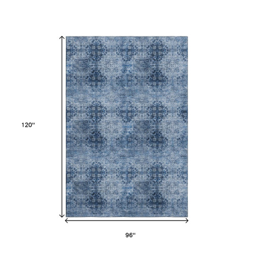 8' X 10' Navy Blue And Ivory Floral Medallion Distressed Washable Area Rug With UV Protection