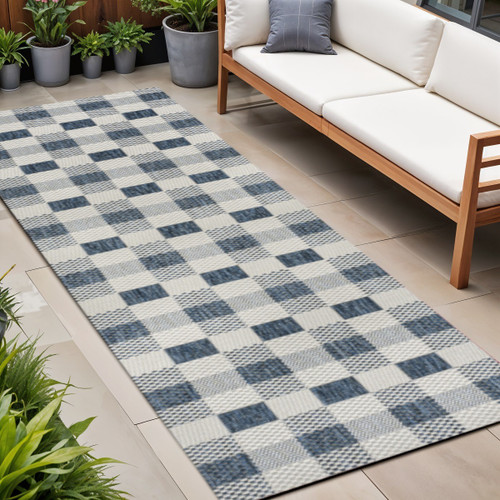 8' Navy Blue And Cream Geometric Indoor Outdoor Runner Rug