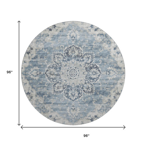 8' Blue Ivory And Gray Floral Medallion Distressed Washable Round Rug With UV Protection