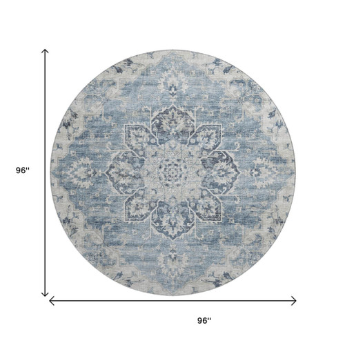 8' Blue Ivory And Gray Floral Medallion Distressed Washable Round Rug With UV Protection