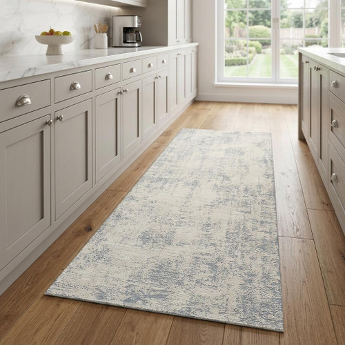 8' Ivory And Blue Abstract Runner Rug