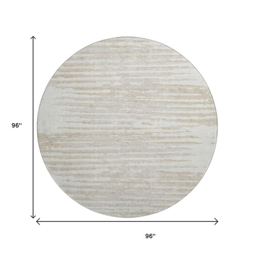 8' Ivory And Beige Striped Washable Round Rug With UV Protection