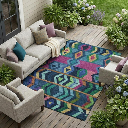 9' X 12' Navy Blue And Blue Tribal Washable Indoor Outdoor Area Rug