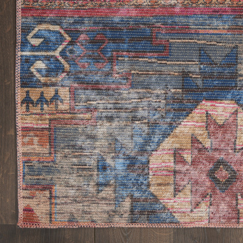 12' Red Geometric Power Loom Worn Faded Runner Rug