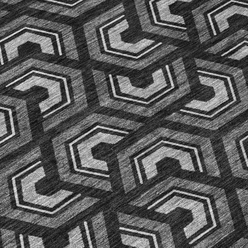 8' Black And Gray Round Geometric Washable Indoor Outdoor Area Rug