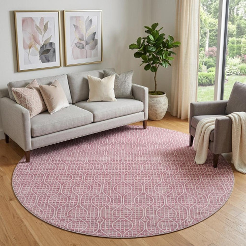 8' Blush And Ivory Geometric Washable Round Rug With UV Protection