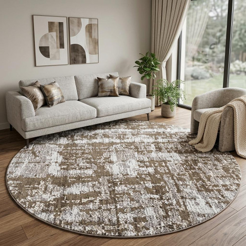 10' Tan And White Abstract Washable Round Rug With UV Protection