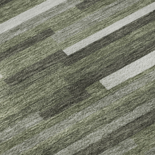 8' Olive Green Ivory And Gray Striped Washable Round Rug With UV Protection