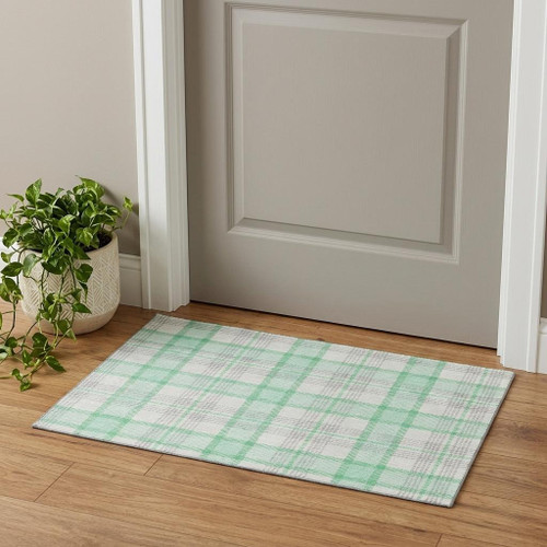 3' X 5' Aqua Ivory And Green Plaid Washable Area Rug With UV Protection