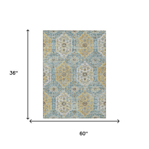 3' X 5' Teal Blue And Pewter Damask Washable Indoor Outdoor Area Rug