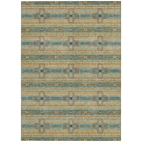 5' X 8' Green And Beige Tribal Washable Indoor Outdoor Area Rug