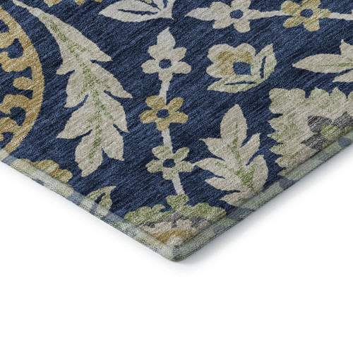 5' X 8' Navy Blue Gold And Beige Floral Washable Area Rug With UV Protection