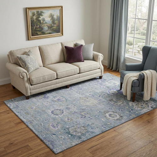 5' X 8' Sky Blue Beige And Purple Floral Washable Area Rug With UV Protection