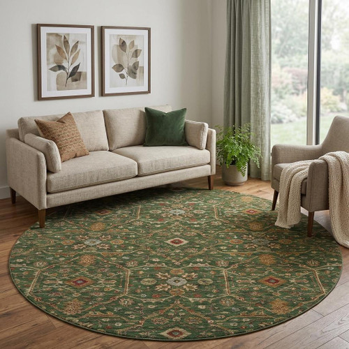 8' Emerald Copper And Beige Oriental Washable Round Rug With UV Protection