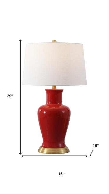 29" Red And Gold Urn Table Lamp With Drum Shade