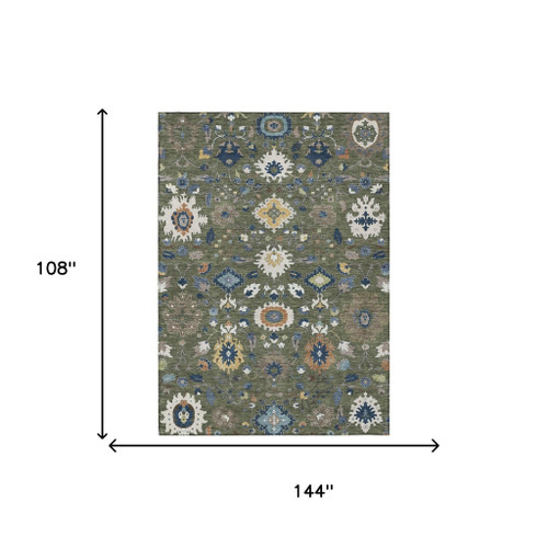 9' X 12' Olive Green And Ivory Floral Medallion Washable Indoor Outdoor Area Rug