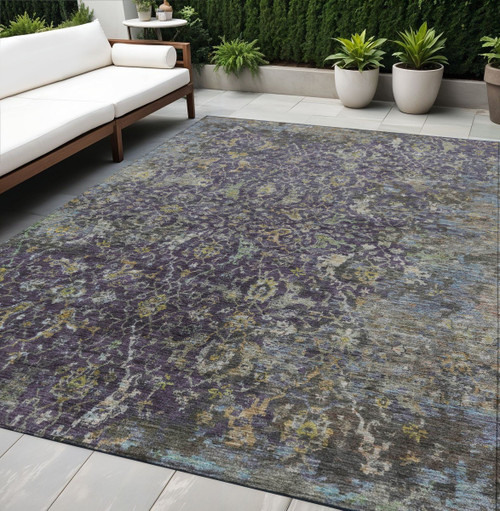 5' X 8' Plum And Gray Damask Washable Indoor Outdoor Area Rug