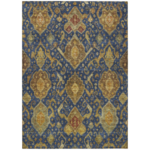 3' X 5' Navy Blue And Gold Ikat Washable Indoor Outdoor Area Rug