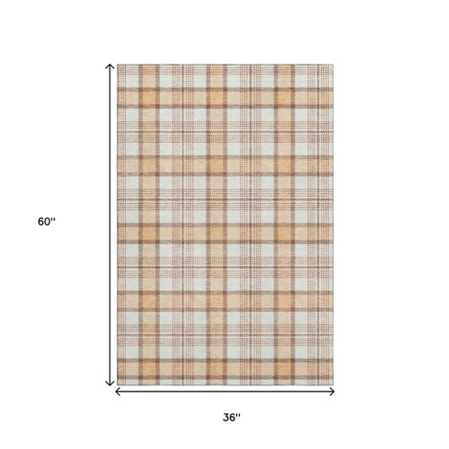 3' X 5' Peach Ivory And Brown Plaid Washable Area Rug With UV Protection