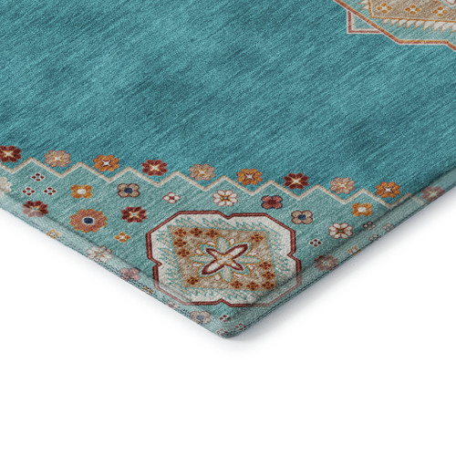 9' X 12' Teal Salmon And Beige Oriental Washable Area Rug With UV Protection