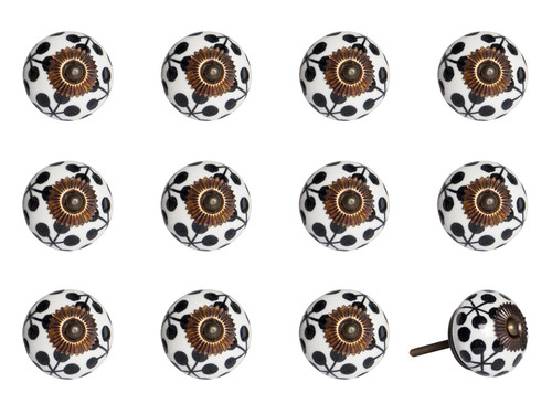 Set of Twelve Black White And Copper Ceramic Geometric Drawer Pull Knobs