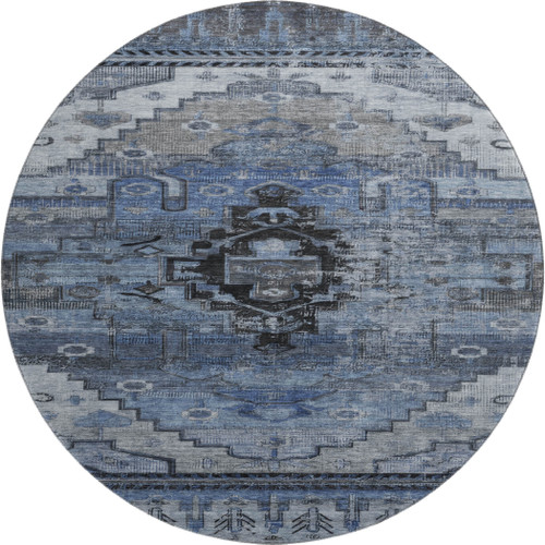8' Blue Gray And Charcoal Oriental Washable Round Rug With UV Protection