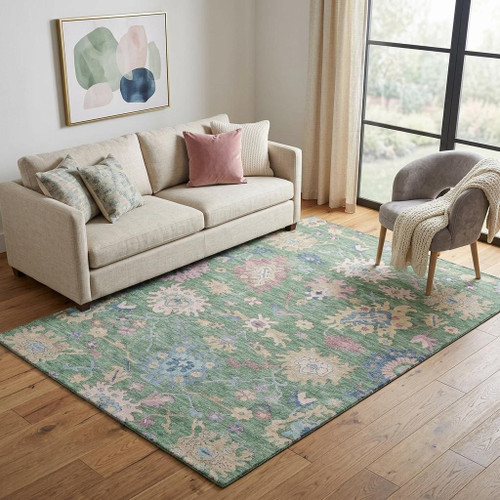 5' X 8' Sage Beige And Blue Floral Washable Area Rug With UV Protection