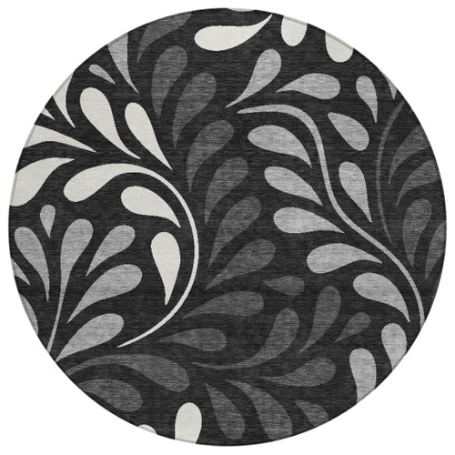 8' Black Gray And Ivory Round Botanical Leaves Washable Indoor Outdoor Area Rug