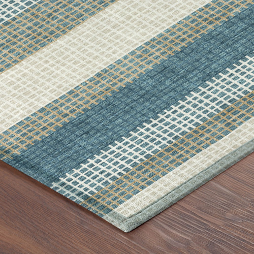 8' Teal Blue And Ivory Round Striped Washable Indoor Outdoor Area Rug