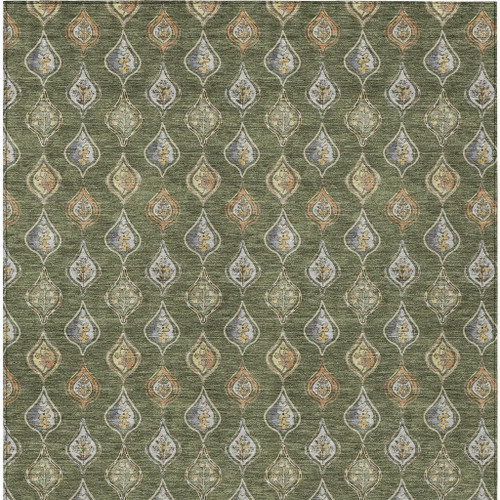 10' X 14' Olive Green And Green Floral Washable Indoor Outdoor Area Rug