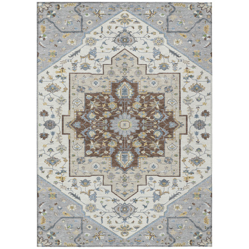 10' X 14' Gray And Ivory Floral Medallion Washable Indoor Outdoor Area Rug
