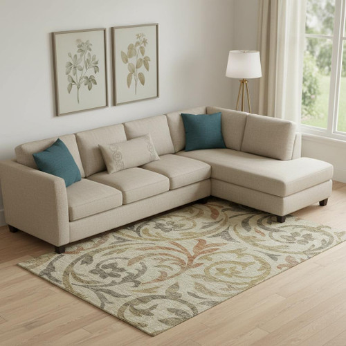 8' X 10' Beige Gold And Brown Floral Washable Area Rug With UV Protection