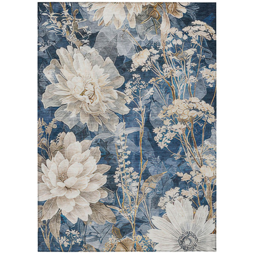 8' X 10' Navy Blue And Blue Floral Washable Indoor Outdoor Area Rug