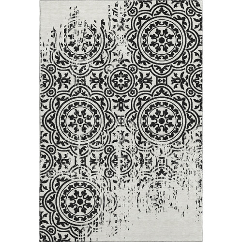 5' X 8' Black And Ivory Medallion Washable Area Rug With UV Protection