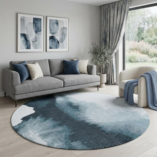 10' Blue And White Abstract Washable Round Rug With UV Protection